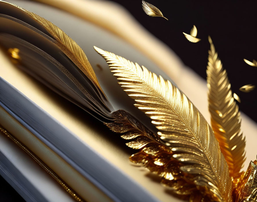 Detailed Close-Up of Golden Quill on Open Book with Curling Pages and Floating Feathers