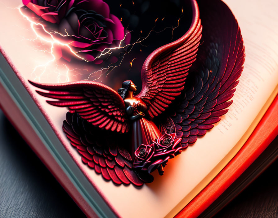 Ornate winged figure emerging from open book with purple roses and lightning on red background