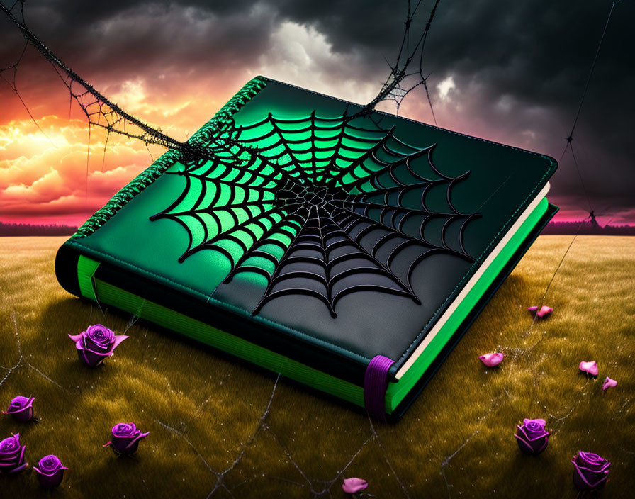 Green book with spiderweb design in grassy field among purple roses under dramatic sky