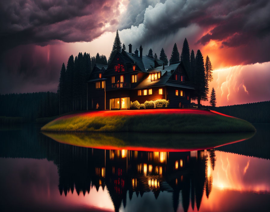 Lakeside lodge at twilight with stormy sky and lightning reflections