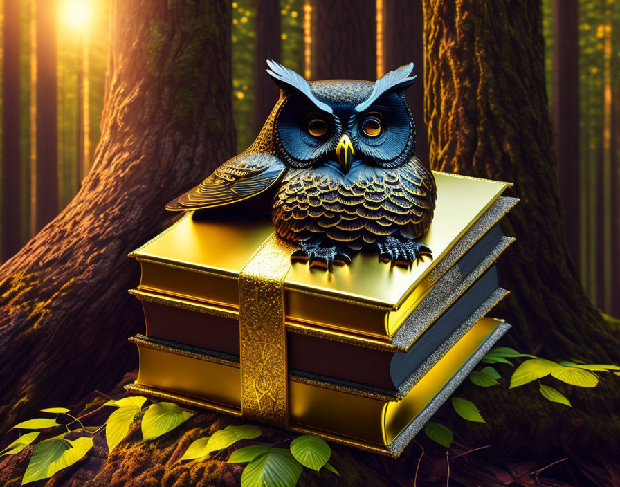 Stylized owl on golden books in mystical forest setting