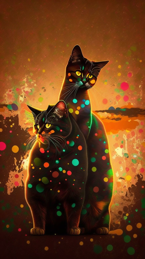 Stylized black cats on warm, colorful background