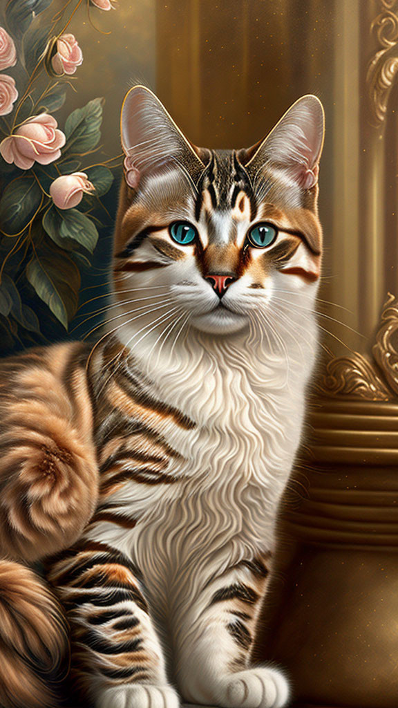 Tabby Cat with Green Eyes and Roses Background