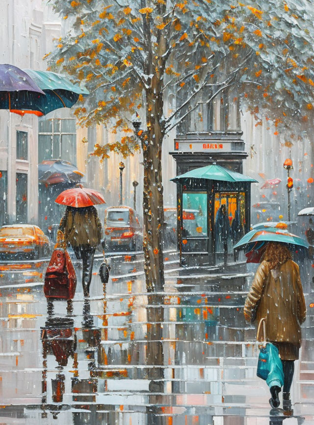 City street scene: pedestrians with umbrellas, autumn trees, wet pavement, street lights.