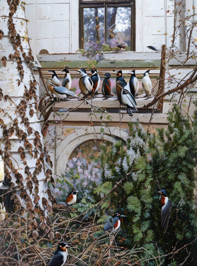 Eurasian Bullfinches on Branches and Window Ledge with Vines
