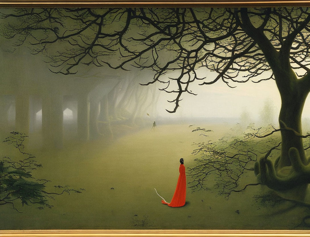 Misty forest landscape with figure in red cloak