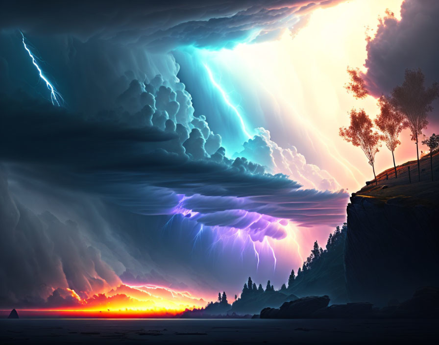 Dramatic landscape with vivid sunset, lightning bolts, solitary tree on clifftop