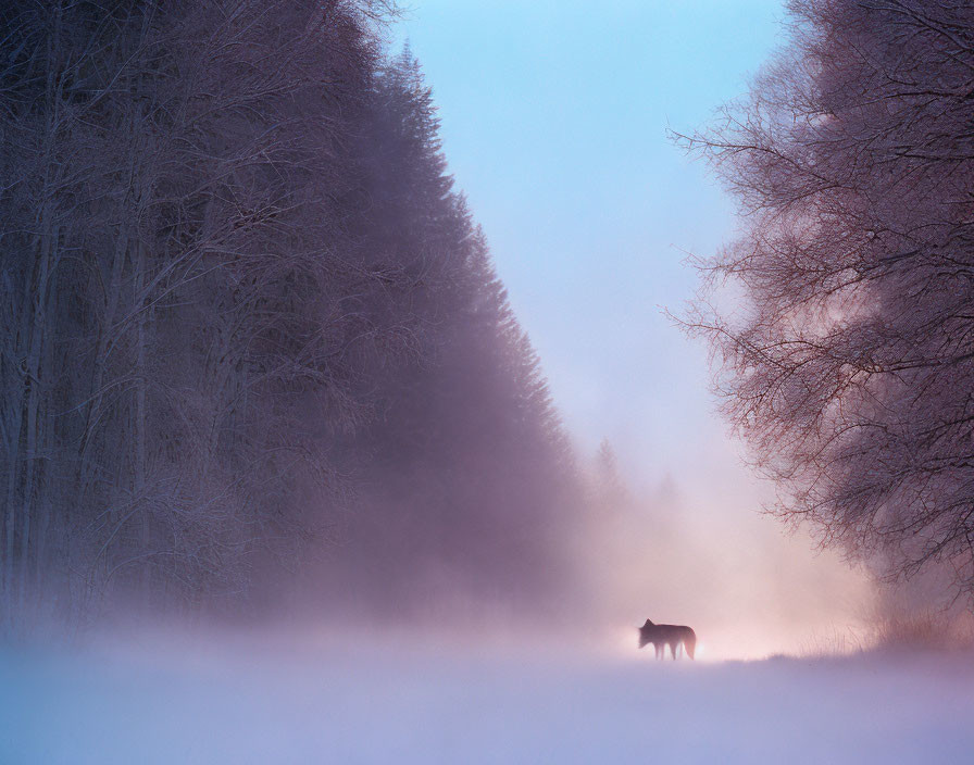 Solitary horse in misty snow-covered forest clearing at dusk