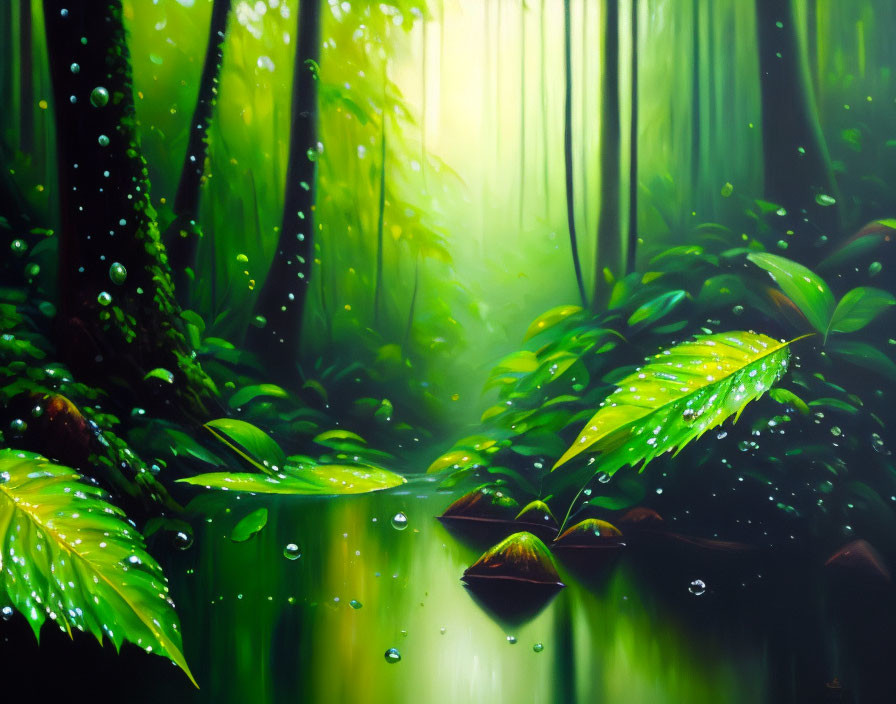 Tranquil forest scene with mist, sunbeams, and serene water surface