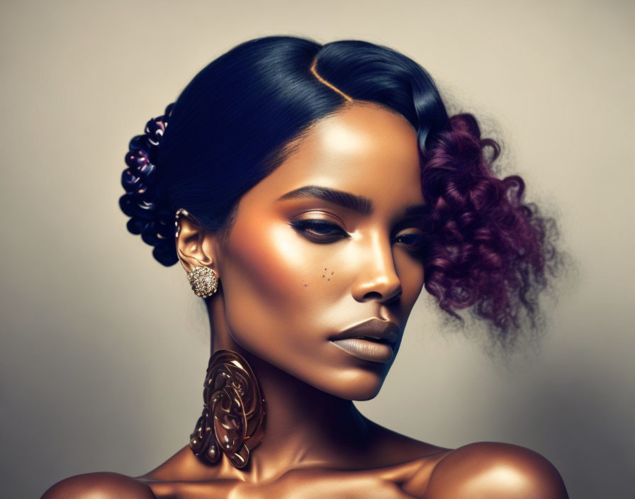 Portrait of Woman with Dark Hair, Purple Curls, Dramatic Makeup, Earrings, Bare Shoulder