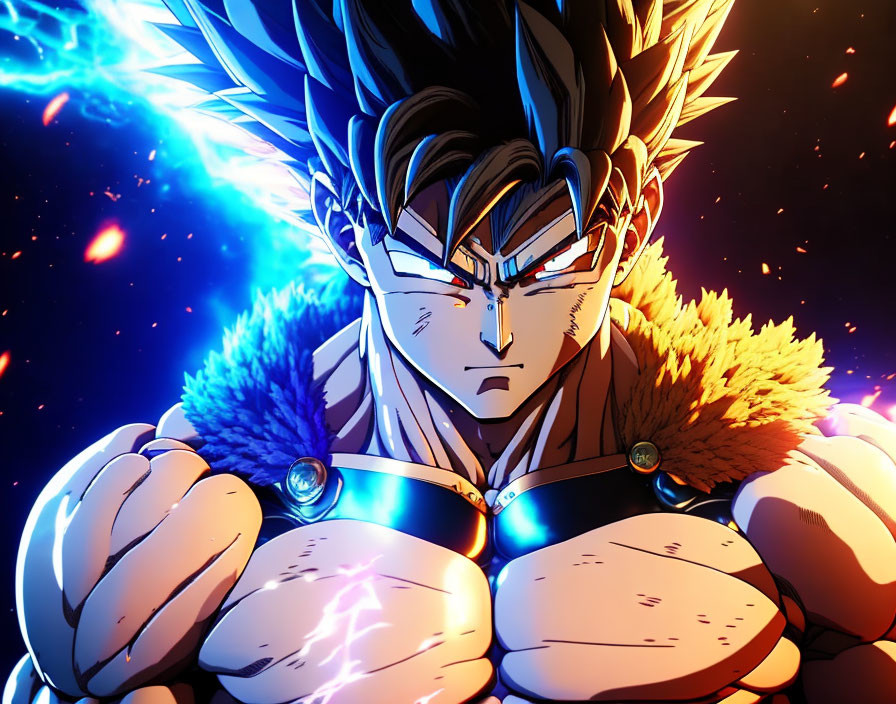 Spiky-Haired Muscular Animated Character in Battle Outfit Against Cosmic Background