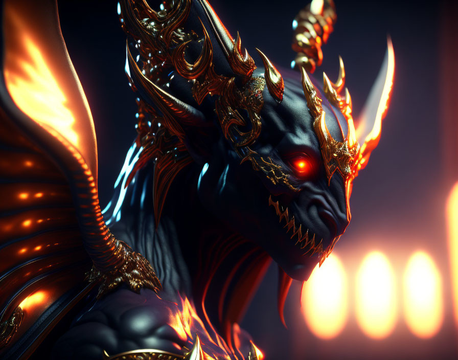 Detailed 3D Render: Menacing Dark Figure with Dragon-Like Features in Golden Armor