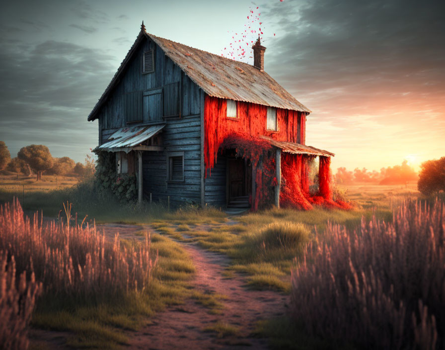 Serene field sunset scene: old wooden house with red ivy facade