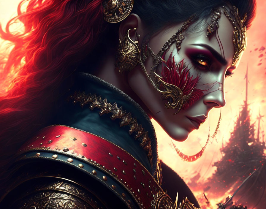 Digital Artwork: Woman with Intricate Facial Markings and Red Hair in Ornate Armor in Amber