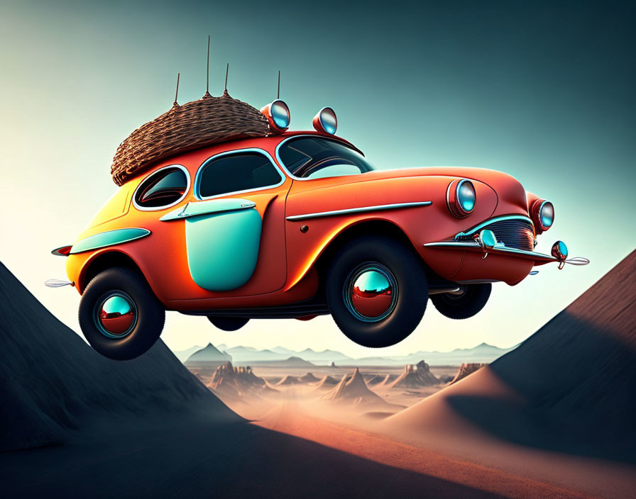 Stylized orange car with futuristic details hovering over desert road