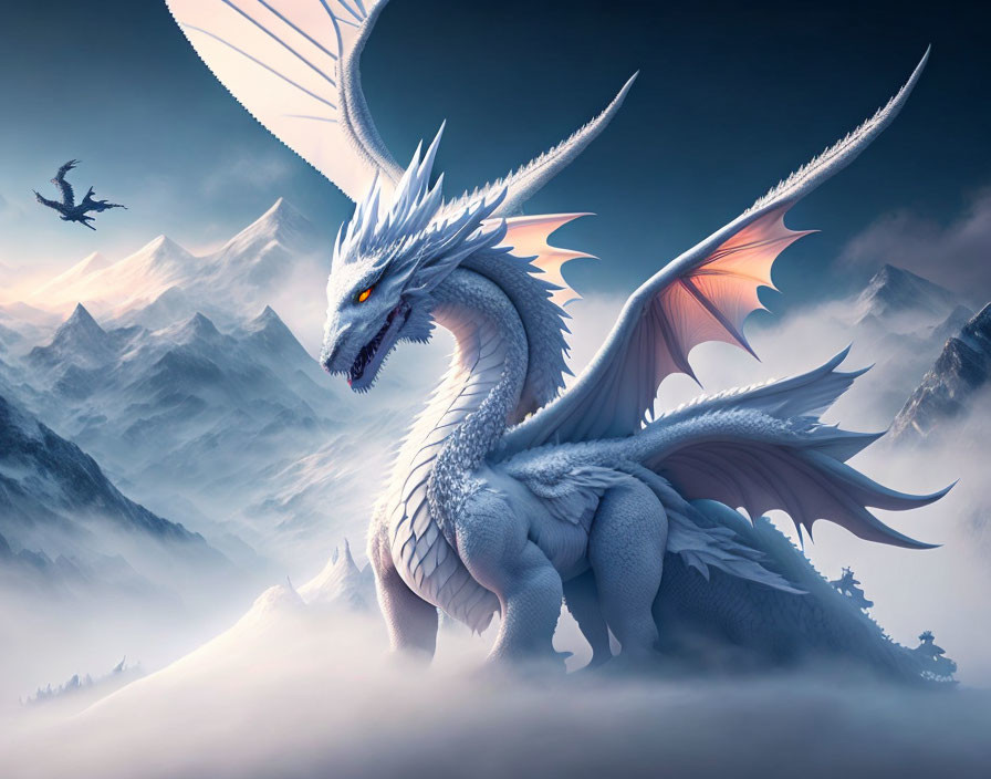 White dragons on misty mountain