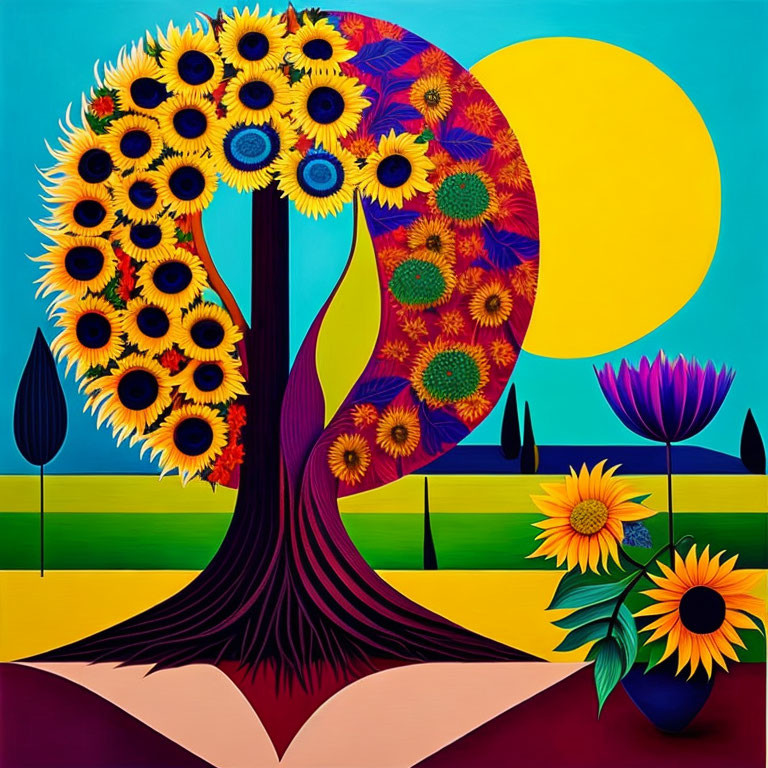 Colorful Stylized Tree with Sunflower Canopy in Vibrant Painting