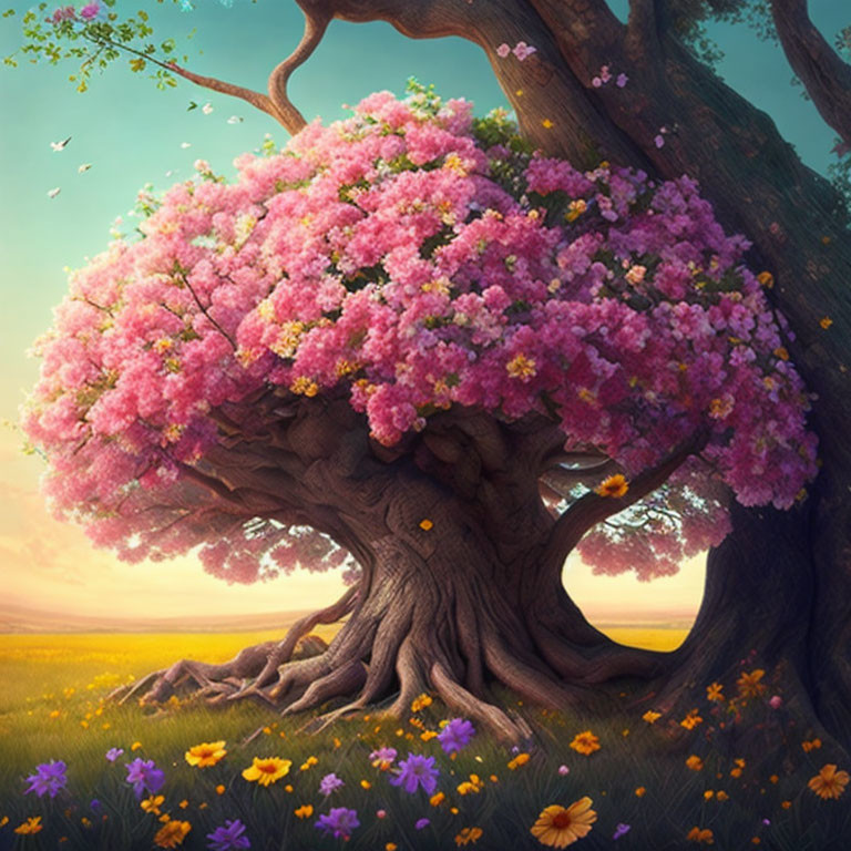 Majestic tree with pink blossoms in serene dawn setting