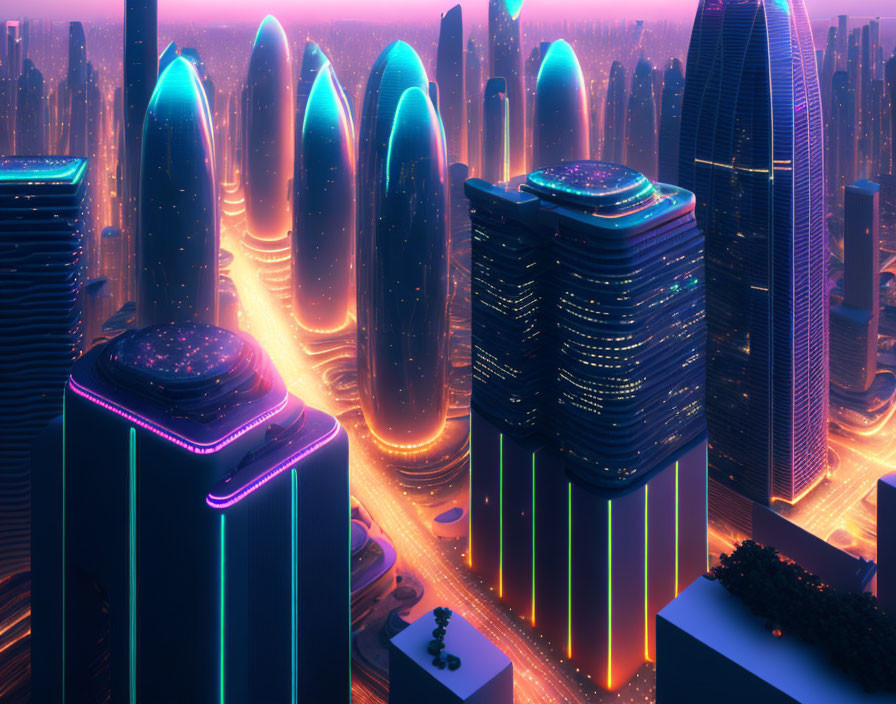 Futuristic cityscape with glowing neon lights and towering skyscrapers