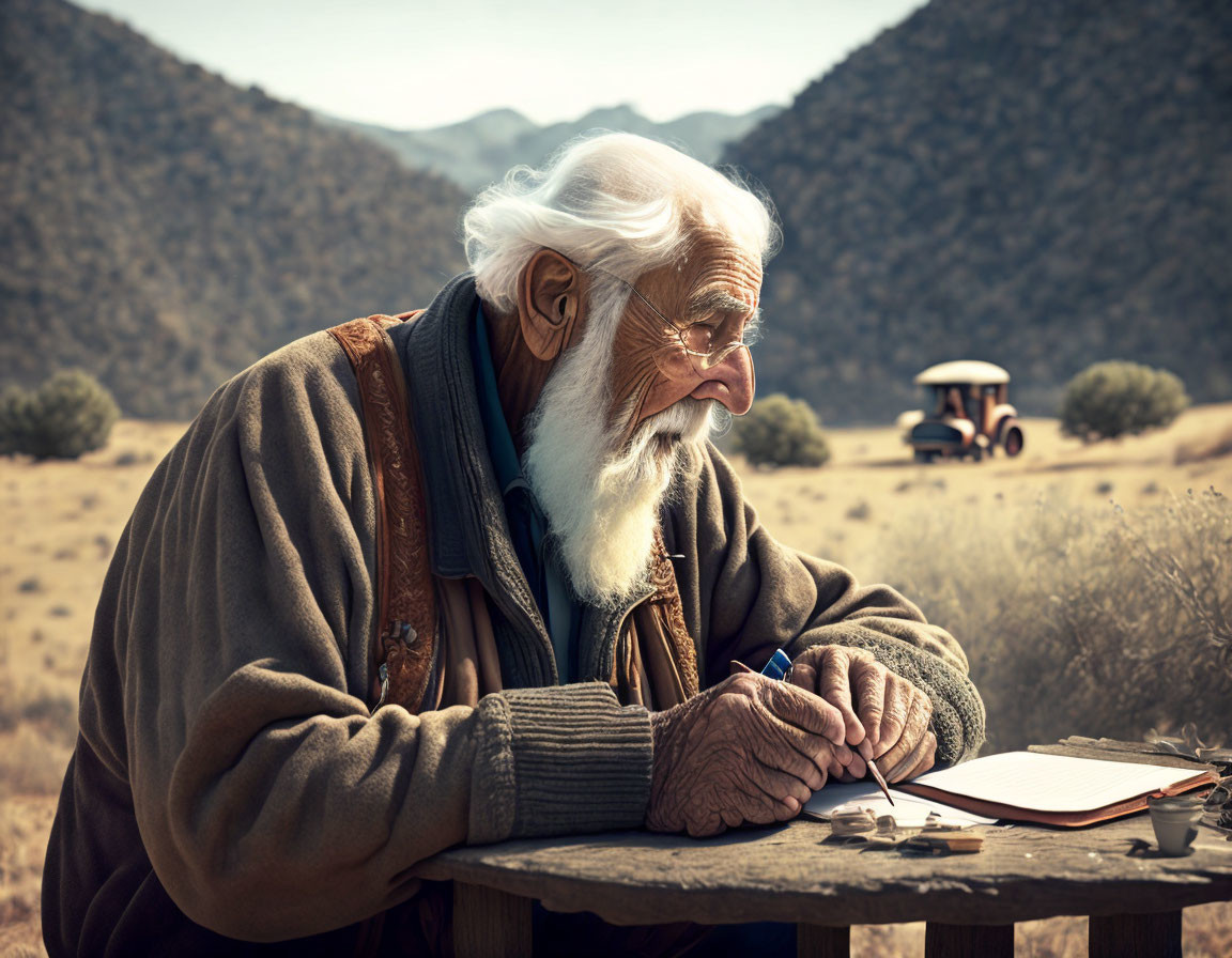 Elderly man with white beard writing outdoors at wooden table