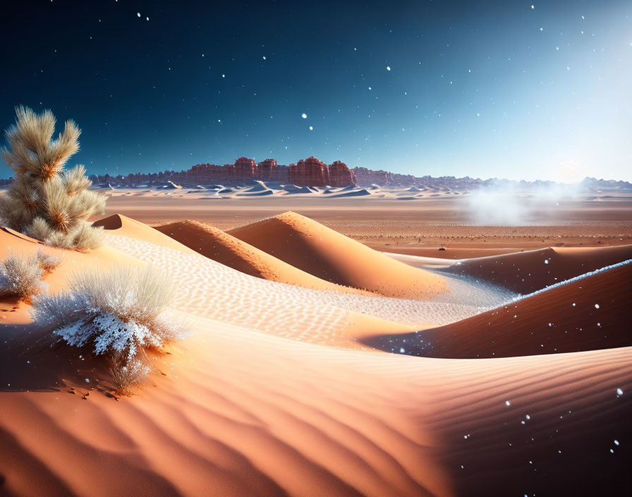 Twilight desert landscape with sand dunes, lone plant, and starry sky