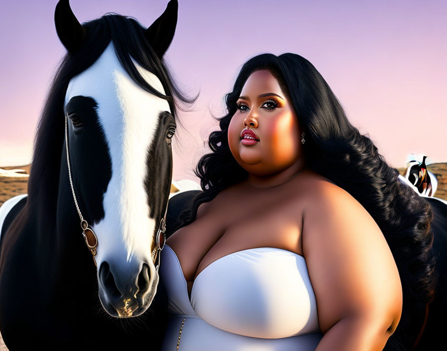 Stylized image of confident woman with horse at sunset
