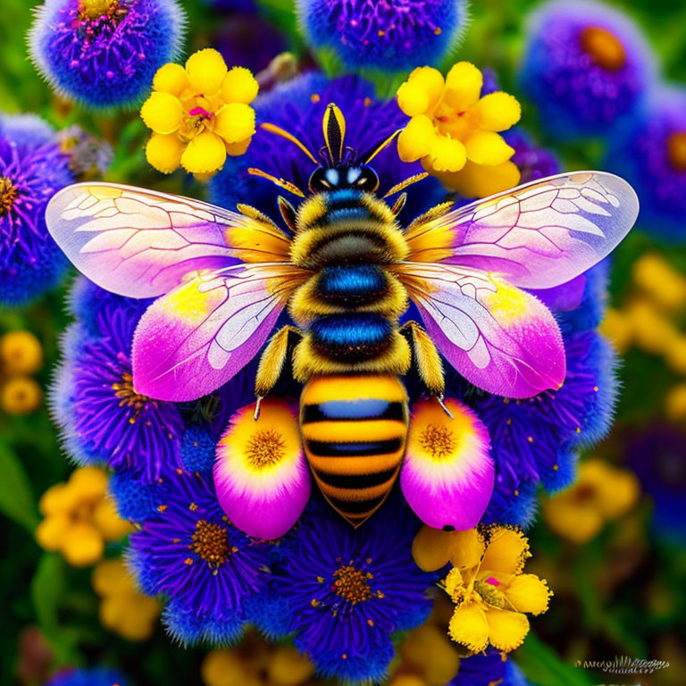 Colorful Bee on Purple and Yellow Flowers with Translucent Wings