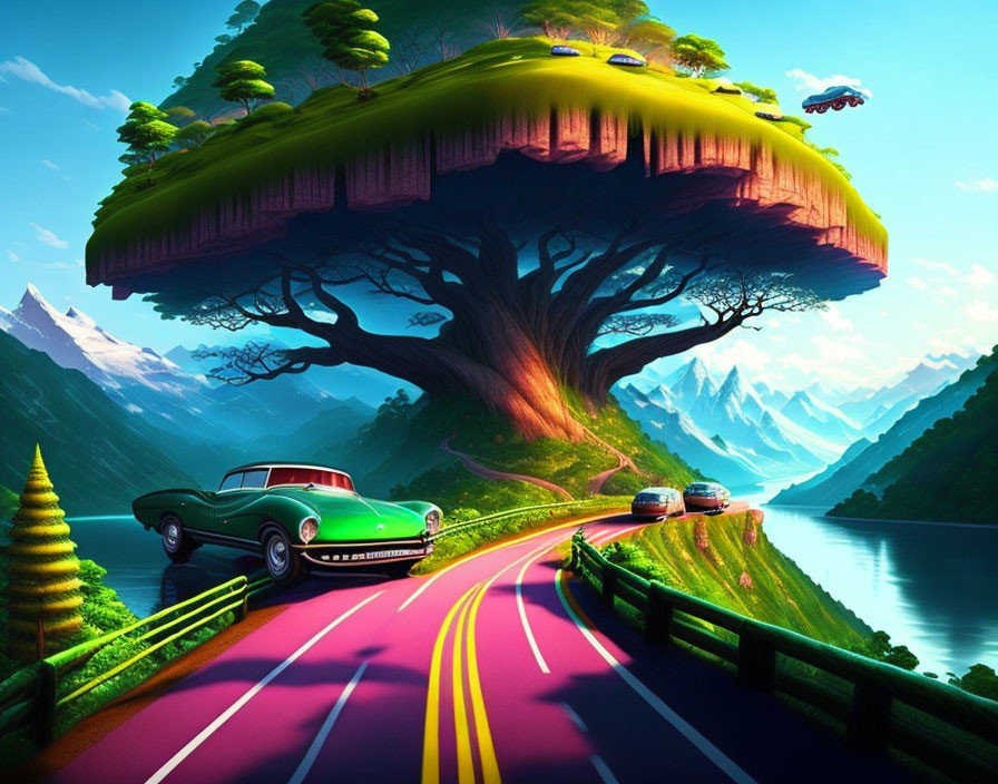 Colorful whimsical road scene with giant tree, classic cars, motorcycle, mountains, and water.