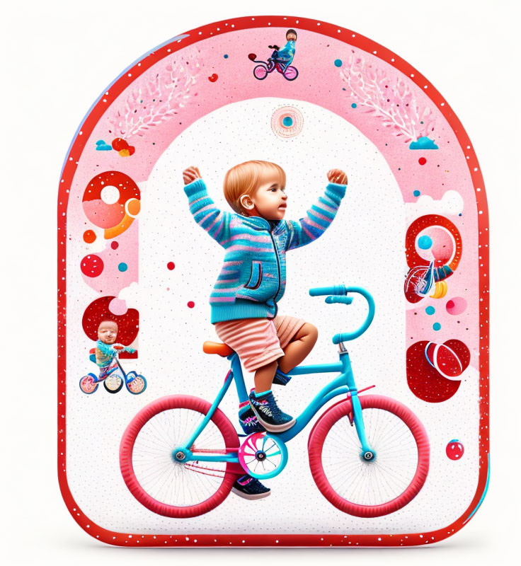 Child in Colorful Sweater by Blue Bicycle Under Whimsical Arch