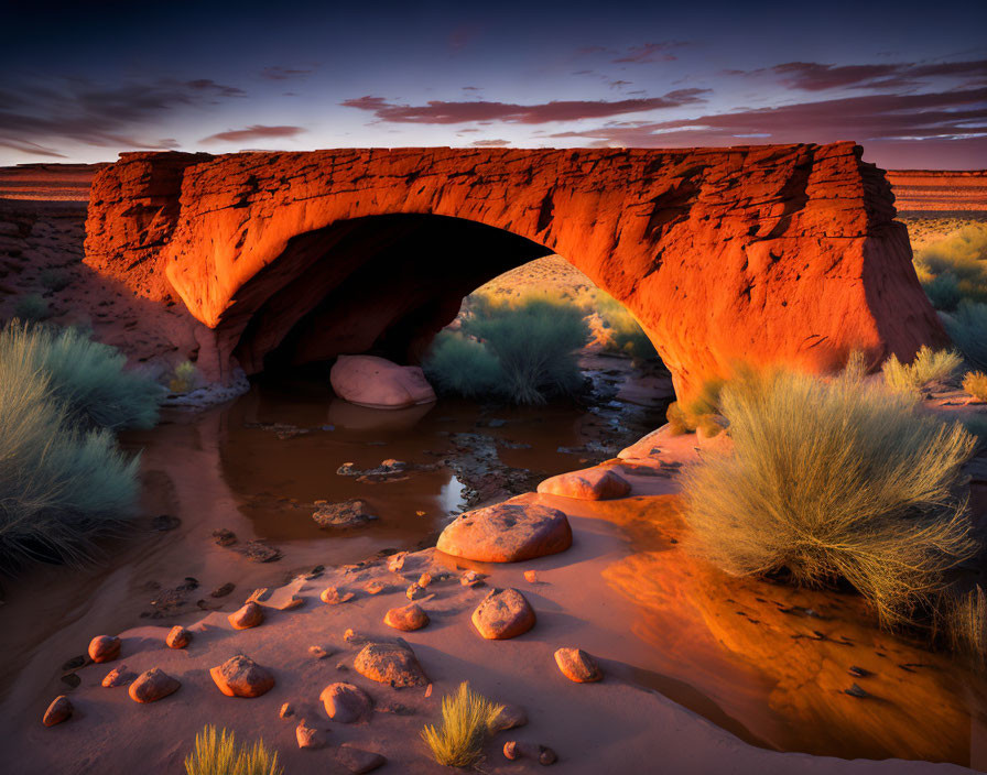 Desert red sandstone arch in warm sunlight with desert vegetation and rocks under dusky sky