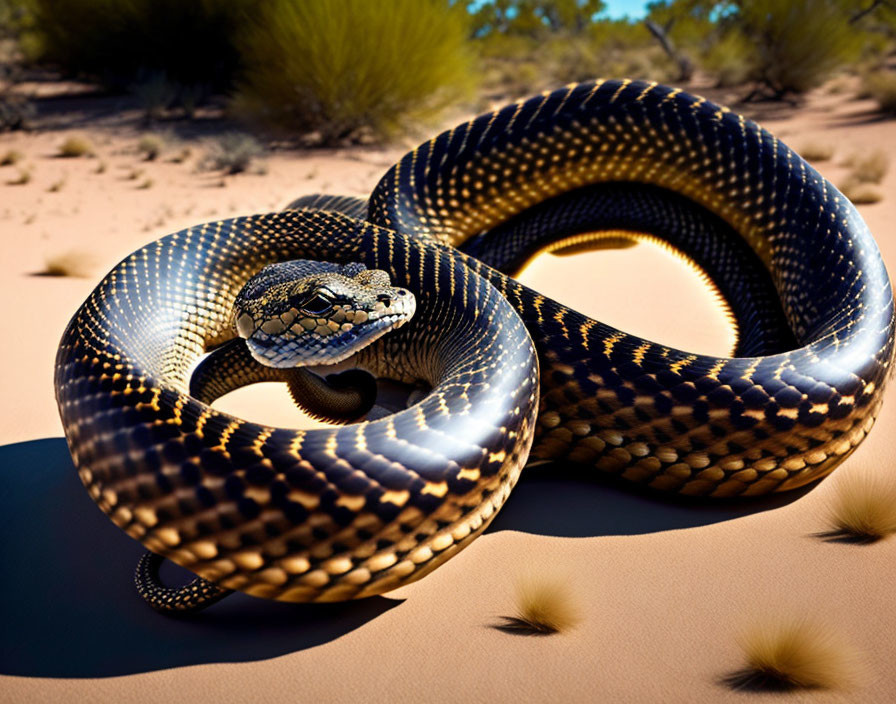 Black and Yellow Patterned Snake Basking in Desert Sunlit Sand