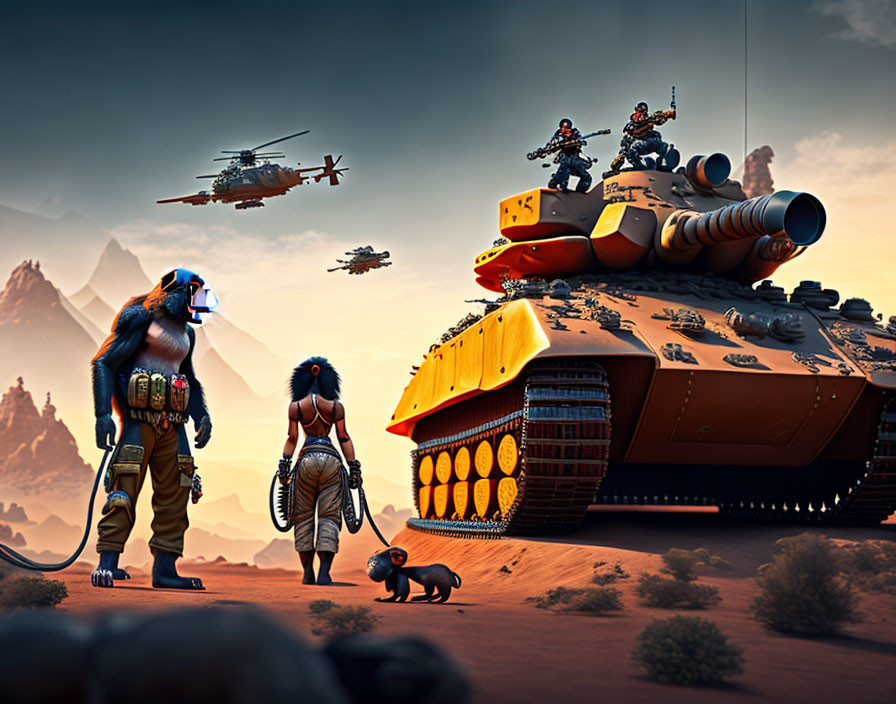 Anthropomorphic animals in futuristic desert with tank and helicopters