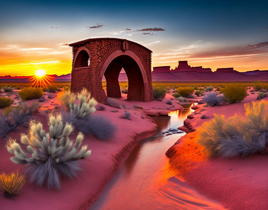Desert landscape with old brick arch bridge at sunset