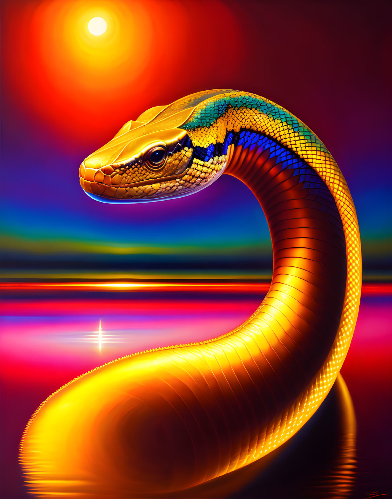 Colorful Snake Artwork Against Sunset Background with Water Reflections