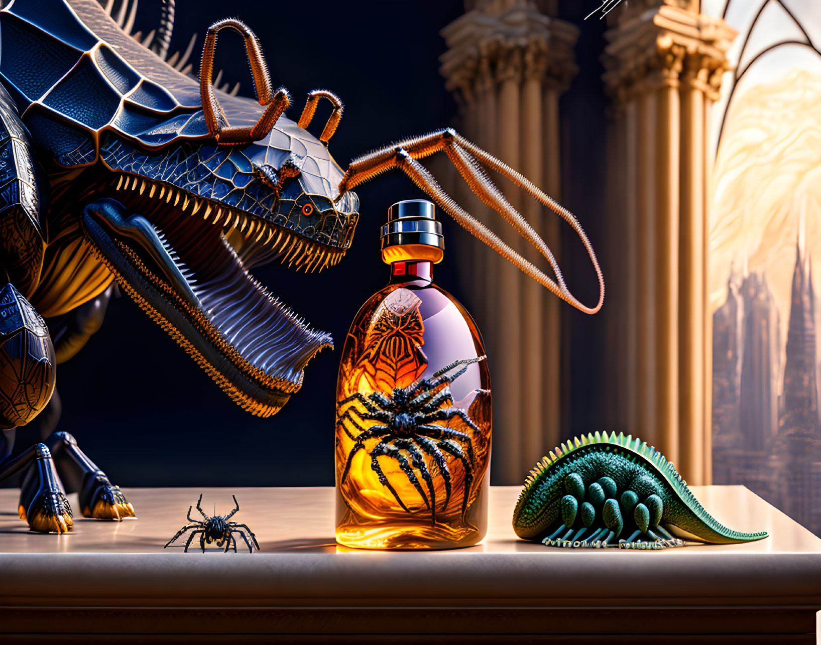Luxurious perfume bottle with spider design, metallic dragon, and trilobite motif