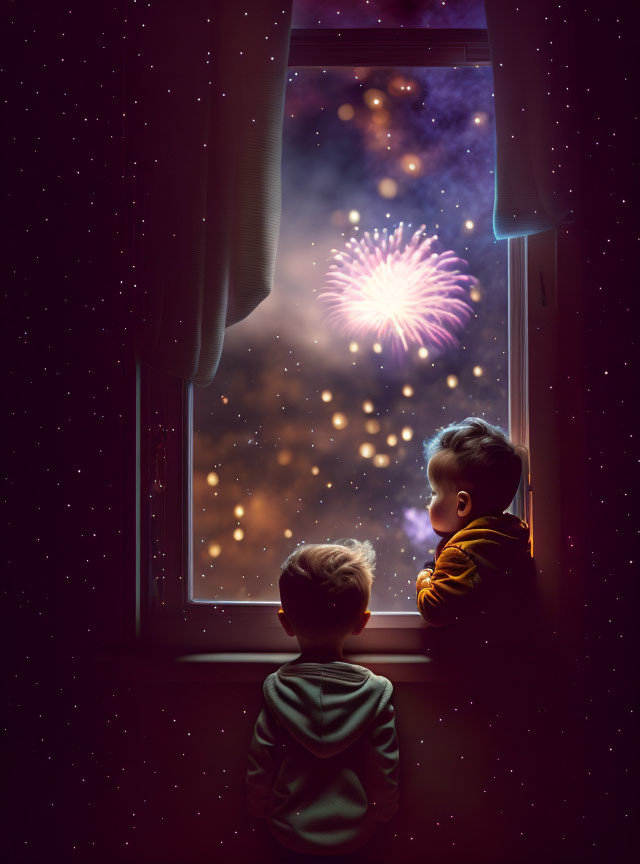Children watching colorful fireworks through window on starry night.