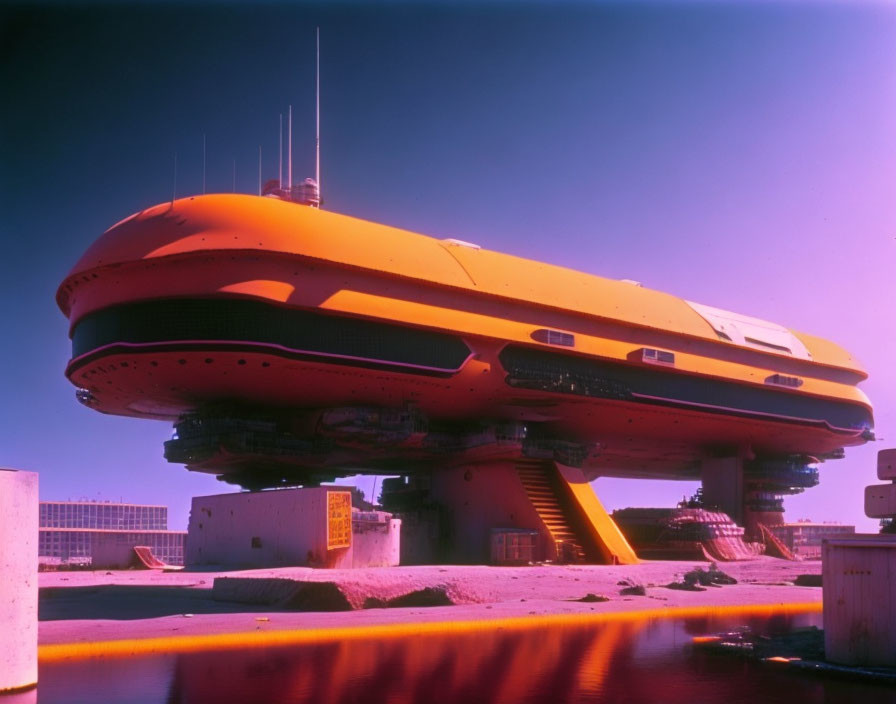 Futuristic orange saucer-like building under blue sky