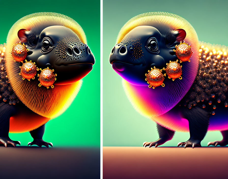 Vibrant stylized animal art with ornate details on dual-tone backdrop