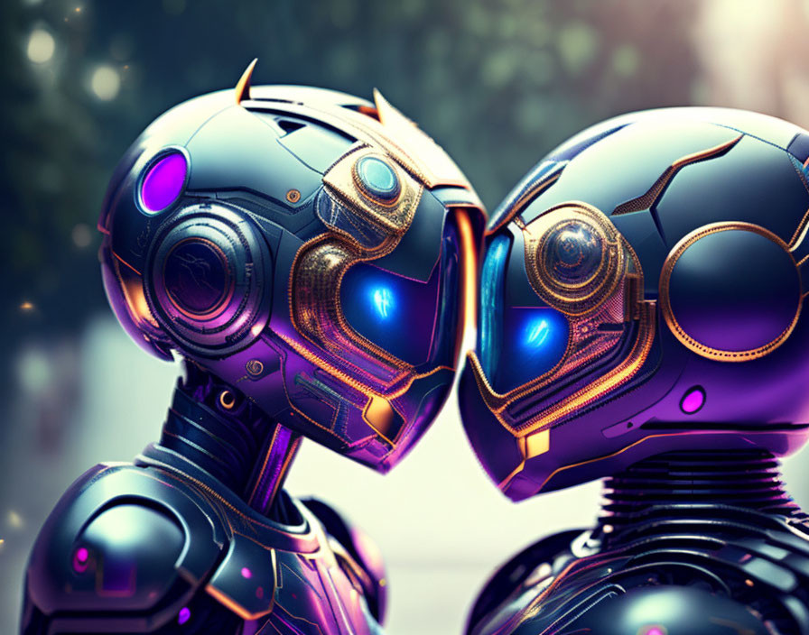 Futuristic robots with intricate designs and glowing eyes in emotional connection