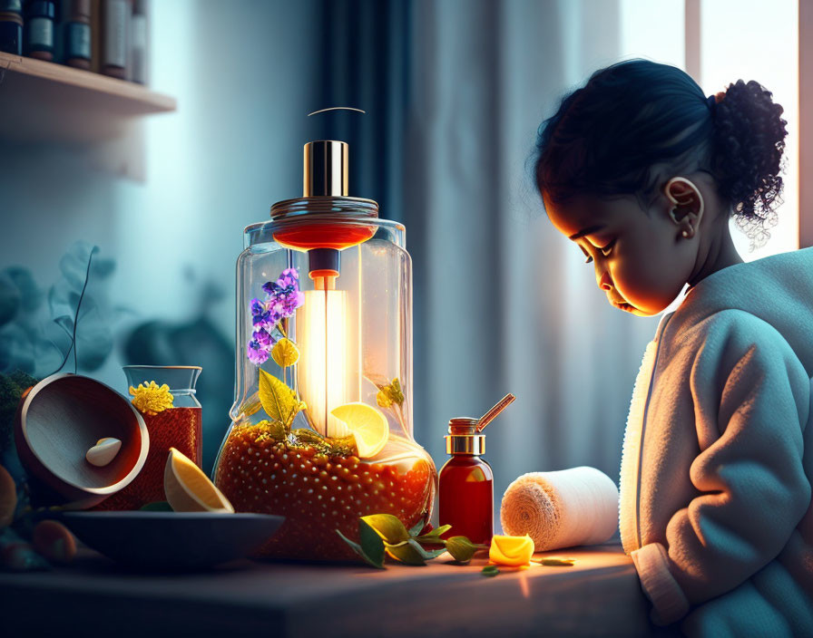 Child admiring glowing jar with flowers and fruits in cozy setting
