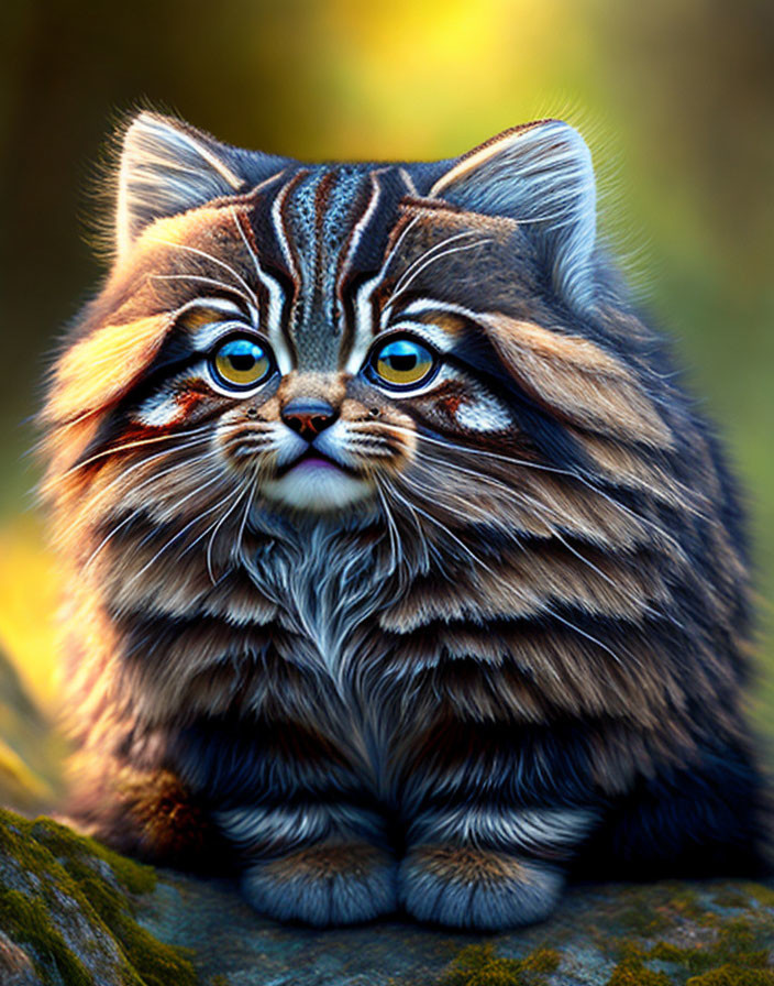 Long-Haired Cat with Blue Eyes and Striped Fur in Warm Light