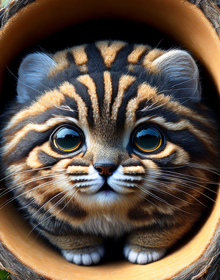 Adorable Cat with Large Eyes and Tiger-Like Stripes in Container