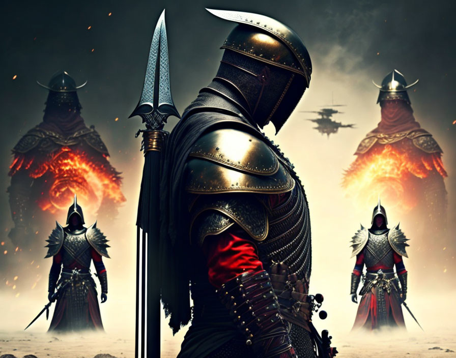 Three armored knights with fantasy weapons in front of fiery explosions and hovering spacecraft.