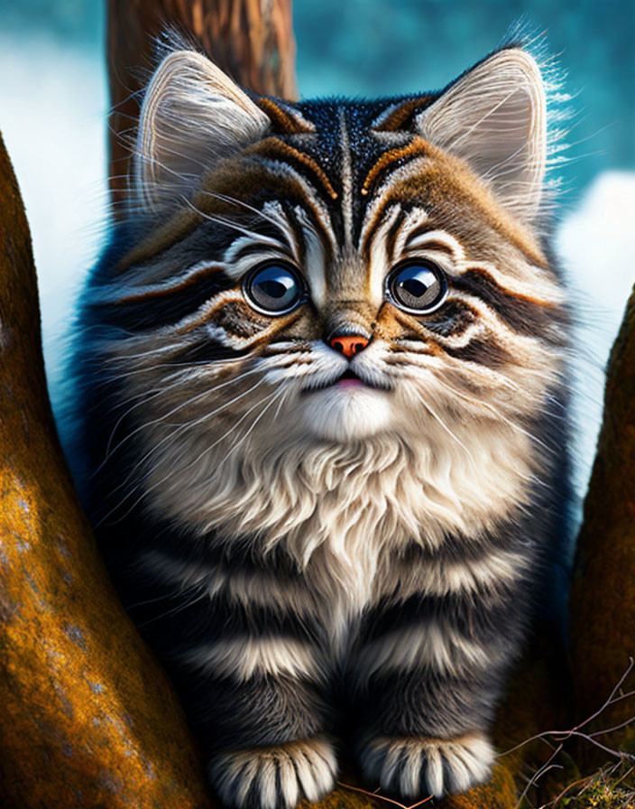 Fluffy kitten with large eyes and tabby markings on tree branches