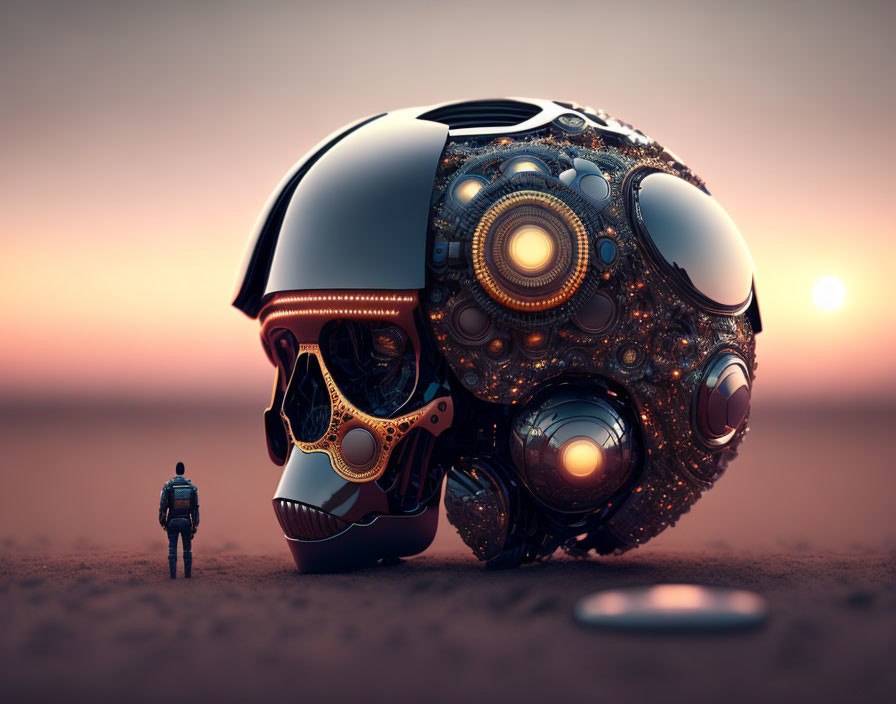 Intricate mechanical skull in desert at sunset
