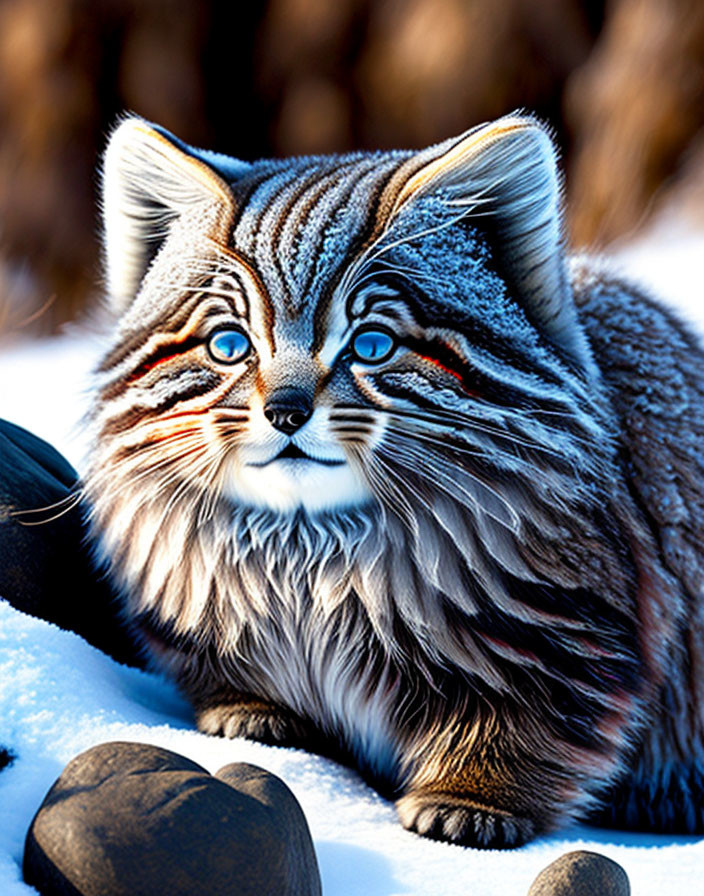 Digitally altered cat with large anime-like eyes on snow rocks