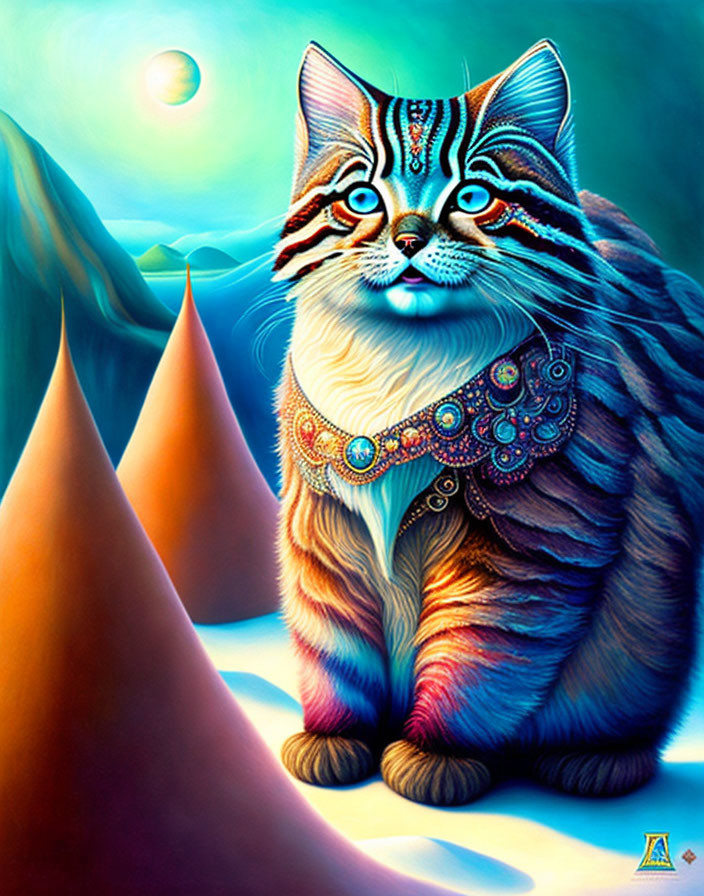 Colorful Whimsical Painting of Large Cat with Intricate Patterns and Jeweled Collar
