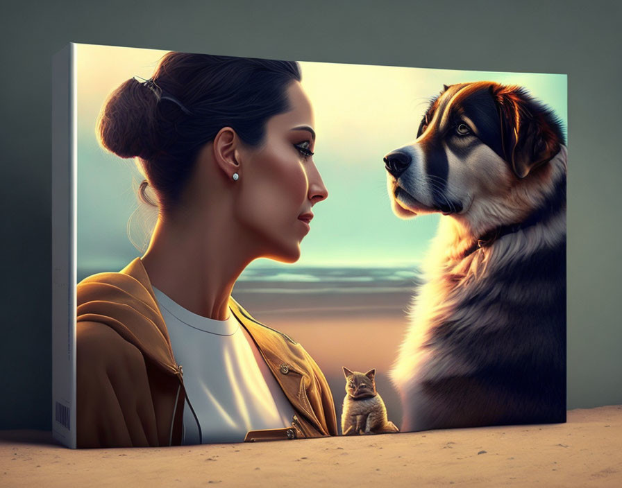 Woman, dog, and cat in sunset digital painting on canvas