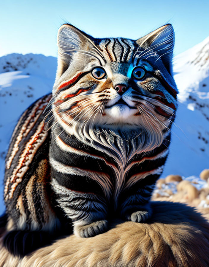 Hyper-realistic cat digital artwork with blue eyes and tiger-like stripes on snowy mountain backdrop
