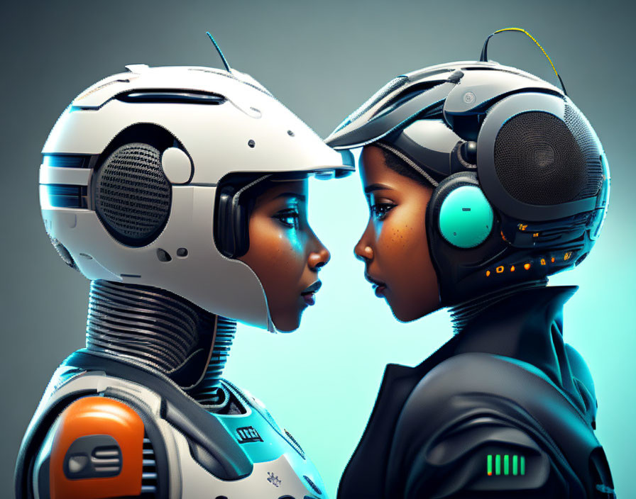 Futuristic robotic figures with detailed helmets on blue background